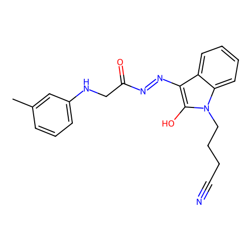 N'-[(3Z)-1-(3-cyanopropyl)-2-oxo-1,2-dihydro-3H-indol-3-ylidene]-2-[(3-methylphenyl)amino]acetohydrazide (non-preferred name) structure