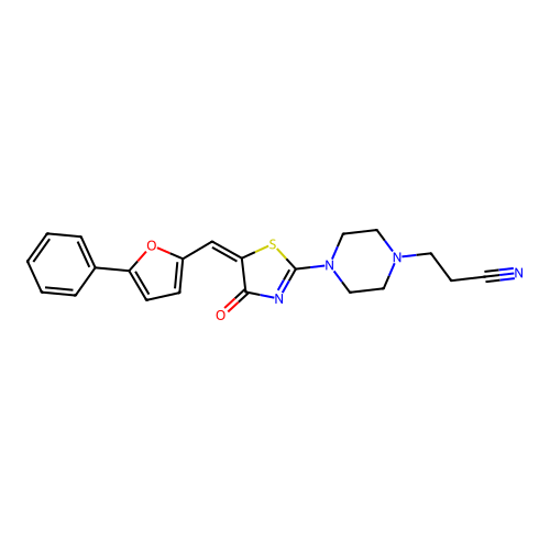 (E)-3-(4-(4-oxo-5-((5-phenylfuran-2-yl)methylene)-4,5-dihydrothiazol-2-yl)piperazin-1-yl)propanenitrile structure