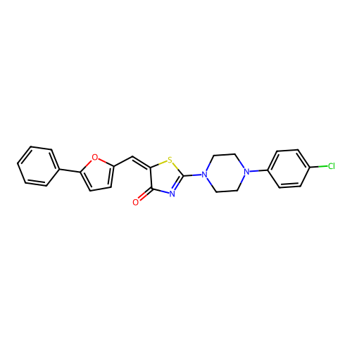 2-[4-(4-chlorophenyl)piperazin-1-yl]-5-[(5-phenyl-2-furyl)methylidene]-1,3-thiazol-4-one structure