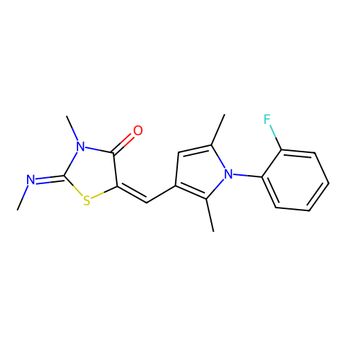 (2Z,5E)-5-((1-(2-fluorophenyl)-2,5-dimethyl-1H-pyrrol-3-yl)methylene)-3-methyl-2-(methylimino)thiazolidin-4-one structure