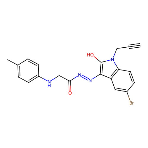 N-[(5-bromo-2-oxo-1-prop-2-ynylindol-3-ylidene)amino]-2-(4-methylanilino)acetamide structure