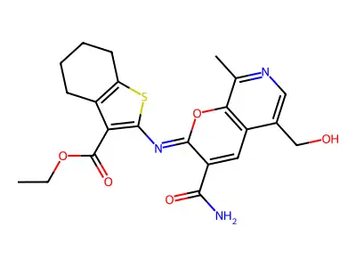 ethyl 2-[[3-carbamoyl-5-(hydroxymethyl)-8-methylpyrano[2,3-c]pyridin-2-ylidene]amino]-4,5,6,7-tetrahydro-1-benzothiophene-3-carboxylate structure