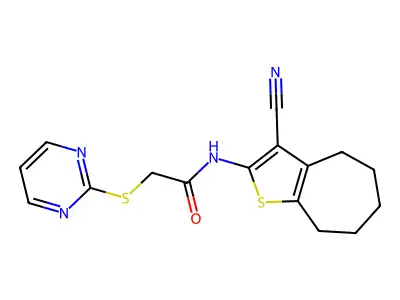 N-(3-cyano-5,6,7,8-tetrahydro-4H-cyclohepta[b]thiophen-2-yl)-2-pyrimidin-2-ylsulfanylacetamide structure