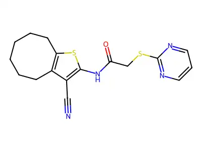 N-(3-cyano-4,5,6,7,8,9-hexahydrocycloocta[b]thiophen-2-yl)-2-pyrimidin-2-ylsulfanylacetamide structure
