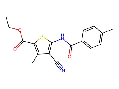 Ethyl 4-cyano-3-methyl-5-(4-methylbenzamido)thiophene-2-carboxylate structure