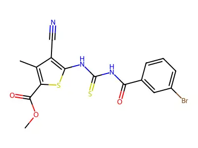 methyl 5-({[(3-bromophenyl)carbonyl]carbamothioyl}amino)-4-cyano-3-methylthiophene-2-carboxylate structure