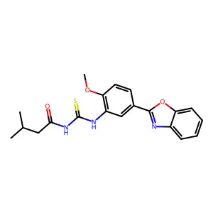N-[[5-(1,3-benzoxazol-2-yl)-2-methoxyphenyl]carbamothioyl]-3-methylbutanamide structure