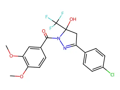 [3-(4-chlorophenyl)-5-hydroxy-5-(trifluoromethyl)-4H-pyrazol-1-yl]-(3,4-dimethoxyphenyl)methanone structure