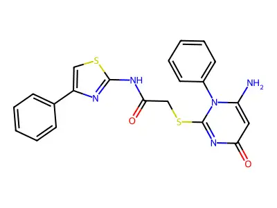 2-(6-amino-4-oxo-1-phenylpyrimidin-2-yl)sulfanyl-N-(4-phenyl-1,3-thiazol-2-yl)acetamide structure