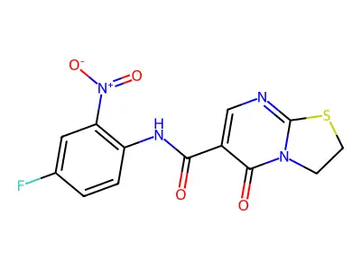 N-(4-fluoro-2-nitrophenyl)-5-oxo-3,5-dihydro-2H-thiazolo[3,2-a]pyrimidine-6-carboxamide structure