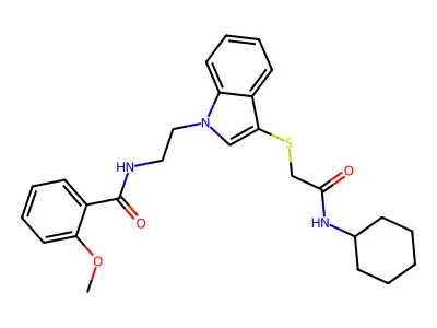 N-[2-(3-{[(cyclohexylcarbamoyl)methyl]sulfanyl}-1H-indol-1-yl)ethyl]-2-methoxybenzamide structure