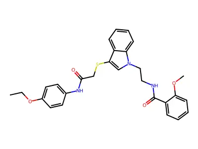 N-{2-[3-({[(4-ethoxyphenyl)carbamoyl]methyl}sulfanyl)-1H-indol-1-yl]ethyl}-2-methoxybenzamide structure