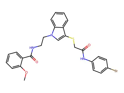 N-{2-[3-({[(4-bromophenyl)carbamoyl]methyl}sulfanyl)-1H-indol-1-yl]ethyl}-2-methoxybenzamide structure