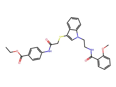ethyl 4-{2-[(1-{2-[(2-methoxyphenyl)formamido]ethyl}-1H-indol-3-yl)sulfanyl]acetamido}benzoate structure