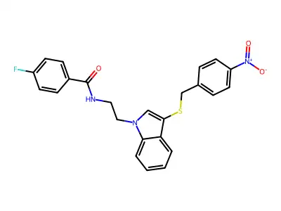 4-fluoro-N-[2-[3-[(4-nitrophenyl)methylsulfanyl]indol-1-yl]ethyl]benzamide structure