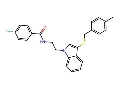 4-fluoro-N-[2-[3-[(4-methylphenyl)methylsulfanyl]indol-1-yl]ethyl]benzamide structure