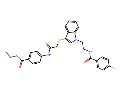ethyl 4-{2-[(1-{2-[(4-fluorophenyl)formamido]ethyl}-1H-indol-3-yl)sulfanyl]acetamido}benzoate structure