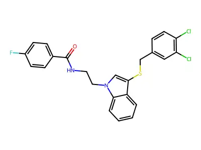 N-(2-(3-((3,4-dichlorobenzyl)thio)-1H-indol-1-yl)ethyl)-4-fluorobenzamide structure
