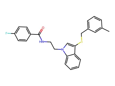 4-fluoro-N-(2-(3-((3-methylbenzyl)thio)-1H-indol-1-yl)ethyl)benzamide structure
