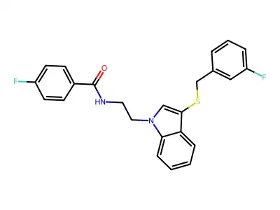 4-fluoro-N-[2-[3-[(3-fluorophenyl)methylsulfanyl]indol-1-yl]ethyl]benzamide structure