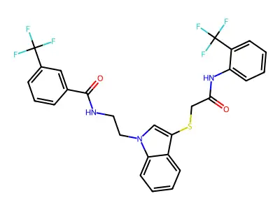 3-(trifluoromethyl)-N-(2-{3-[({[2-(trifluoromethyl)phenyl]carbamoyl}methyl)sulfanyl]-1H-indol-1-yl}ethyl)benzamide structure