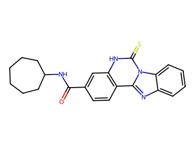 N-cycloheptyl-6-sulfanylidene-5H-benzimidazolo[1,2-c]quinazoline-3-carboxamide structure