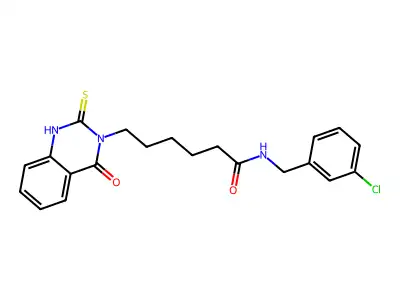 N-[(3-chlorophenyl)methyl]-6-(4-oxo-2-sulfanylidene-1H-quinazolin-3-yl)hexanamide structure