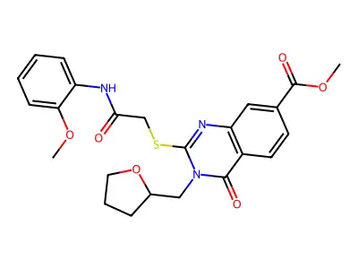 methyl 2-({2-[(2-methoxyphenyl)amino]-2-oxoethyl}thio)-4-oxo-3-(tetrahydrofuran-2-ylmethyl)-3,4-dihydroquinazoline-7-carboxylate structure