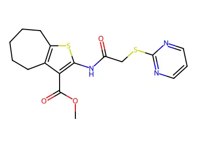 methyl 2-(2-(pyrimidin-2-ylthio)acetamido)-5,6,7,8-tetrahydro-4H-cyclohepta[b]thiophene-3-carboxylate structure