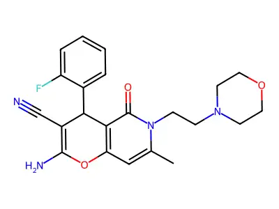 2-amino-4-(2-fluorophenyl)-7-methyl-6-(2-morpholinoethyl)-5-oxo-5,6-dihydro-4H-pyrano[3,2-c]pyridine-3-carbonitrile structure
