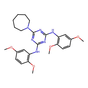 6-(azepan-1-yl)-N,N'-bis(2,5-dimethoxyphenyl)-1,3,5-triazine-2,4-diamine structure