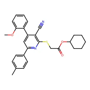 Cyclohexyl 2-((3-cyano-4-(2-methoxyphenyl)-6-(p-tolyl)pyridin-2-yl)thio)acetate structure