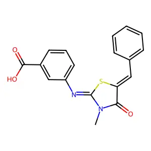 3-[(5-Benzylidene-3-methyl-4-oxo-1,3-thiazolidin-2-ylidene)amino]benzoic acid structure
