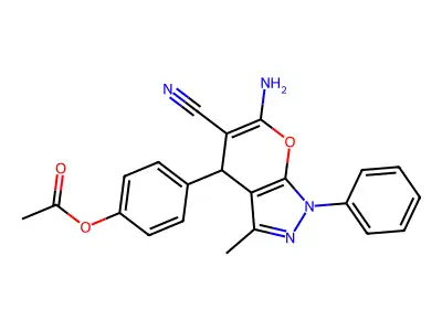 4-(6-amino-5-cyano-3-methyl-1-phenyl-1,4-dihydropyrano[2,3-c]pyrazol-4-yl)phenyl acetate structure