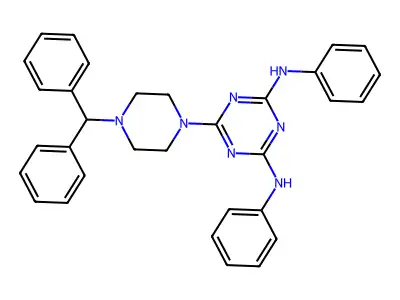 6-[4-(diphenylmethyl)piperazin-1-yl]-N,N'-diphenyl-1,3,5-triazine-2,4-diamine structure