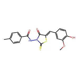(Z)-N-(5-(4-hydroxy-3-methoxybenzylidene)-4-oxo-2-thioxothiazolidin-3-yl)-4-methylbenzamide structure