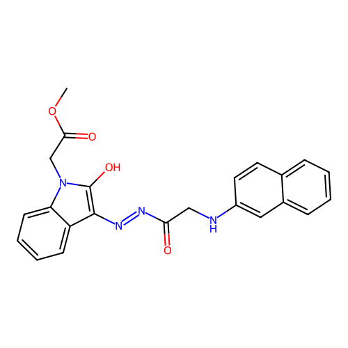 (Z)-methyl 2-(3-(2-(2-(naphthalen-2-ylamino)acetyl)hydrazono)-2-oxoindolin-1-yl)acetate structure