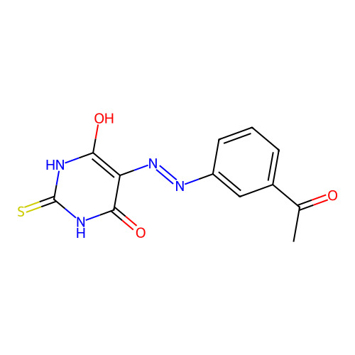 (E)-5-(2-(3-acetylphenyl)hydrazono)-6-hydroxy-2-thioxo-2,3-dihydropyrimidin-4(5H)-one structure