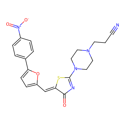 (Z)-3-(4-(5-((5-(4-nitrophenyl)furan-2-yl)methylene)-4-oxo-4,5-dihydrothiazol-2-yl)piperazin-1-yl)propanenitrile structure