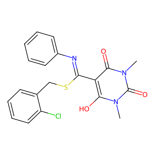 5-{[(2-chlorobenzyl)sulfanyl](phenylamino)methylidene}-1,3-dimethylpyrimidine-2,4,6(1H,3H,5H)-trione structure