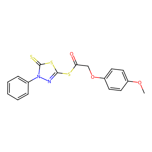 S-(4-phenyl-5-thioxo-4,5-dihydro-1,3,4-thiadiazol-2-yl) (4-methoxyphenoxy)ethanethioate structure
