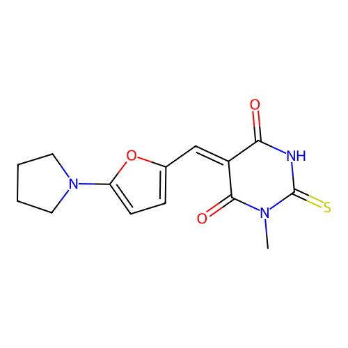 (5Z)-1-methyl-5-[(5-pyrrolidin-1-ylfuran-2-yl)methylidene]-2-sulfanylidene-1,3-diazinane-4,6-dione structure
