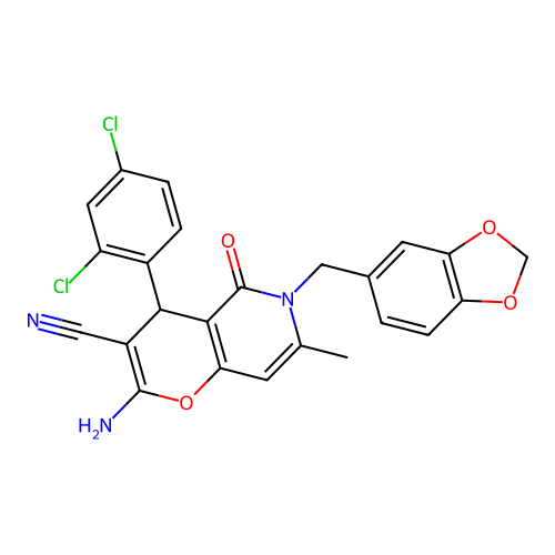 2-amino-6-(1,3-benzodioxol-5-ylmethyl)-4-(2,4-dichlorophenyl)-7-methyl-5-oxo-5,6-dihydro-4H-pyrano[3,2-c]pyridine-3-carbonitrile structure