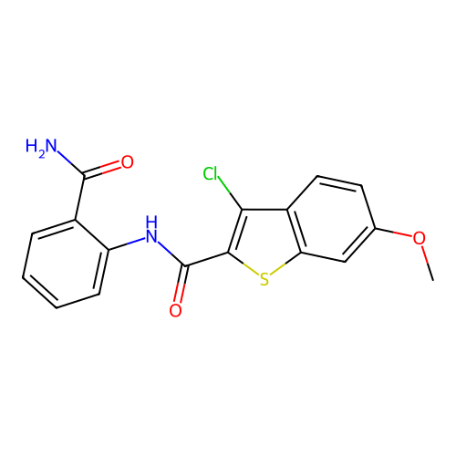 N-(2-carbamoylphenyl)-3-chloro-6-methoxy-1-benzothiophene-2-carboxamide structure