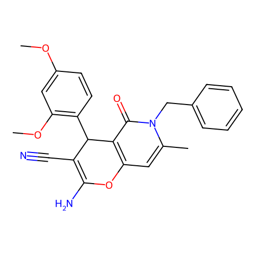 2-amino-6-benzyl-4-(2,4-dimethoxyphenyl)-7-methyl-5-oxo-5,6-dihydro-4H-pyrano[3,2-c]pyridine-3-carbonitrile structure