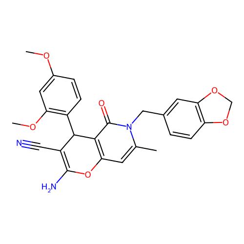 2-amino-6-(1,3-benzodioxol-5-ylmethyl)-4-(2,4-dimethoxyphenyl)-7-methyl-5-oxo-5,6-dihydro-4H-pyrano[3,2-c]pyridine-3-carbonitrile structure