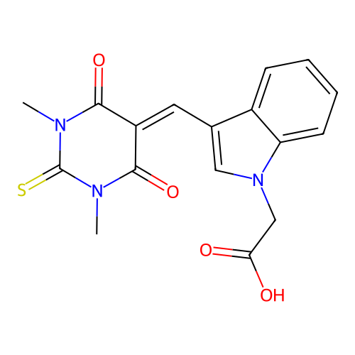 2-(3-((1,3-dimethyl-4,6-dioxo-2-thioxotetrahydropyrimidin-5(2H)-ylidene)methyl)-1H-indol-1-yl)acetic acid structure