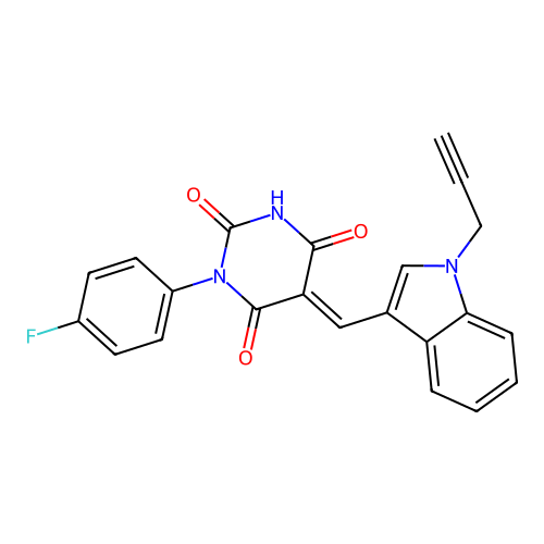 (5E)-1-(4-fluorophenyl)-5-{[1-(prop-2-yn-1-yl)-1H-indol-3-yl]methylidene}pyrimidine-2,4,6(1H,3H,5H)-trione structure