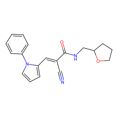 (2E)-2-cyano-3-(1-phenyl-1H-pyrrol-2-yl)-N-(tetrahydrofuran-2-ylmethyl)prop-2-enamide structure