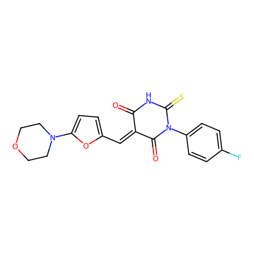 (5E)-1-(4-fluorophenyl)-5-{[5-(morpholin-4-yl)furan-2-yl]methylidene}-2-thioxodihydropyrimidine-4,6(1H,5H)-dione structure